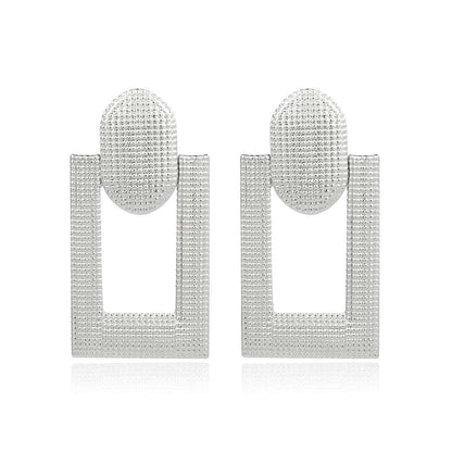 Silvertone Studded Open Rectangle Drop Earrings
