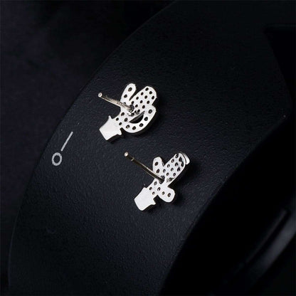 Cubic Zirconia & Silvertone Potted Cactus Stud Earrings