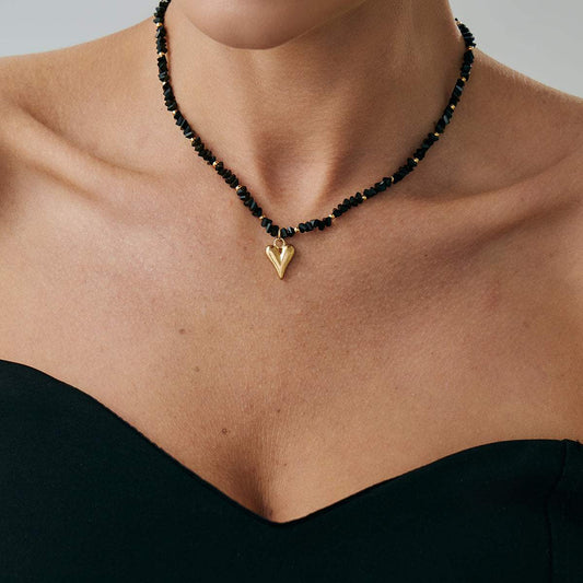 Black Acrylic & Goldtone Heart Pendant Necklace