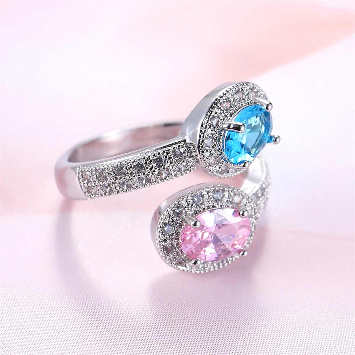 Pink & Blue Crystal Oval-Cut Bypass Ring