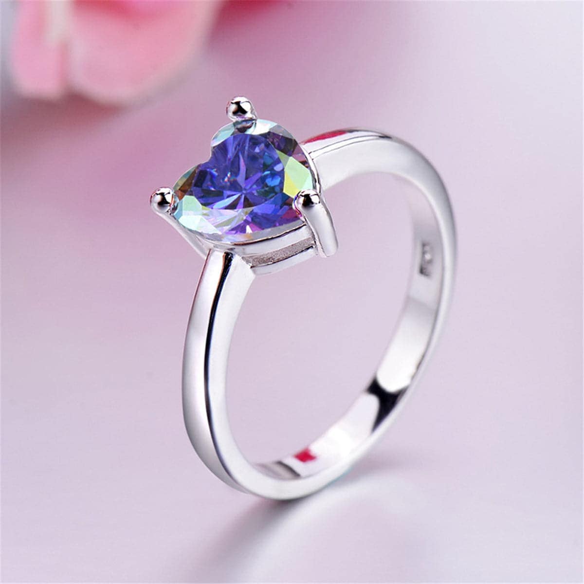 Blue Crystal & Silvertone Heart Ring