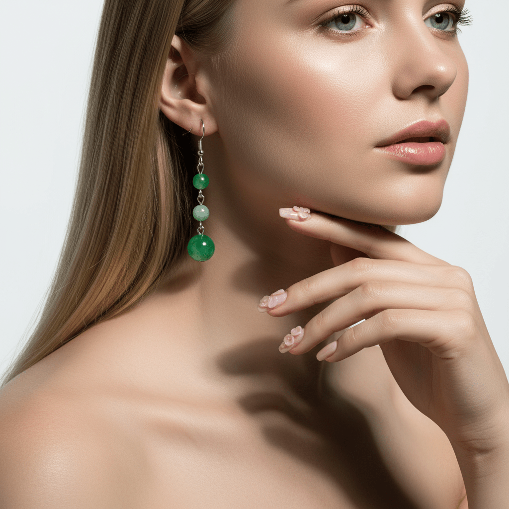 Green Jade & Silvertone Tiered Ball Hook Earrings