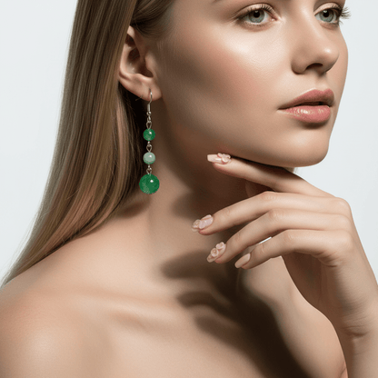 Green Jade & Silvertone Tiered Ball Hook Earrings
