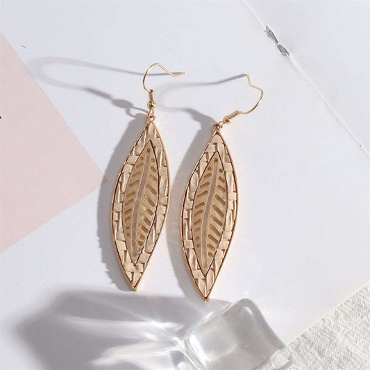 Beige Polyurethane & Goldtone Weave Leaf Drop Earrings