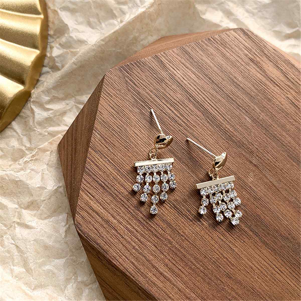 Cubic Zirconia & Goldtone Heart Tassel Drop Earrings-3
