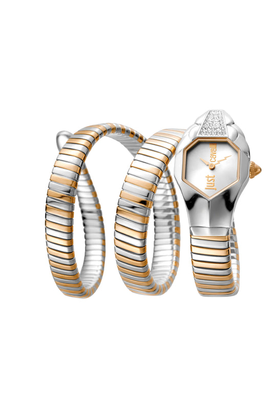 Just CAVALLI Women Watch, Two Tone Silver & Rose Gold Color Case, Silver Dial, Two Tone Silver & Rose Gold Color Stainless Steel Metal Bracelet, 2 Hands, 3 Atm