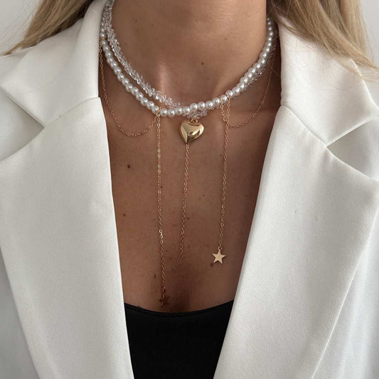 Clear Acrylic & Pearl Goldtone Heart Pendant Star Tassel Necklace