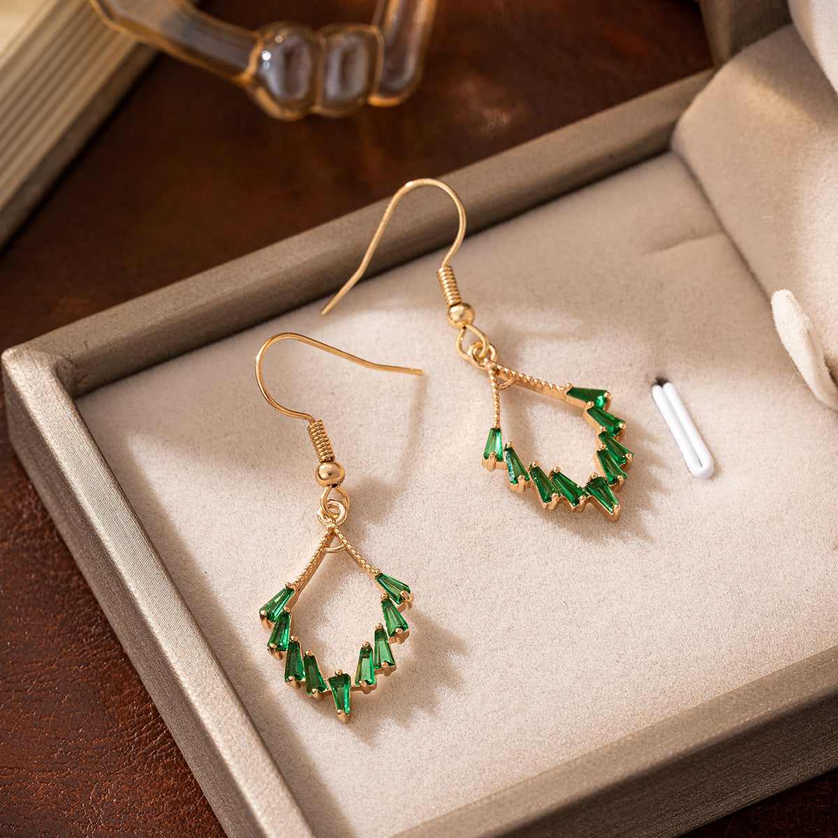 Green Cubic Zirconia & Goldtone Rhombus Hook Earrings