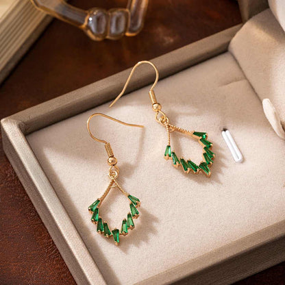 Green Cubic Zirconia & Goldtone Rhombus Hook Earrings