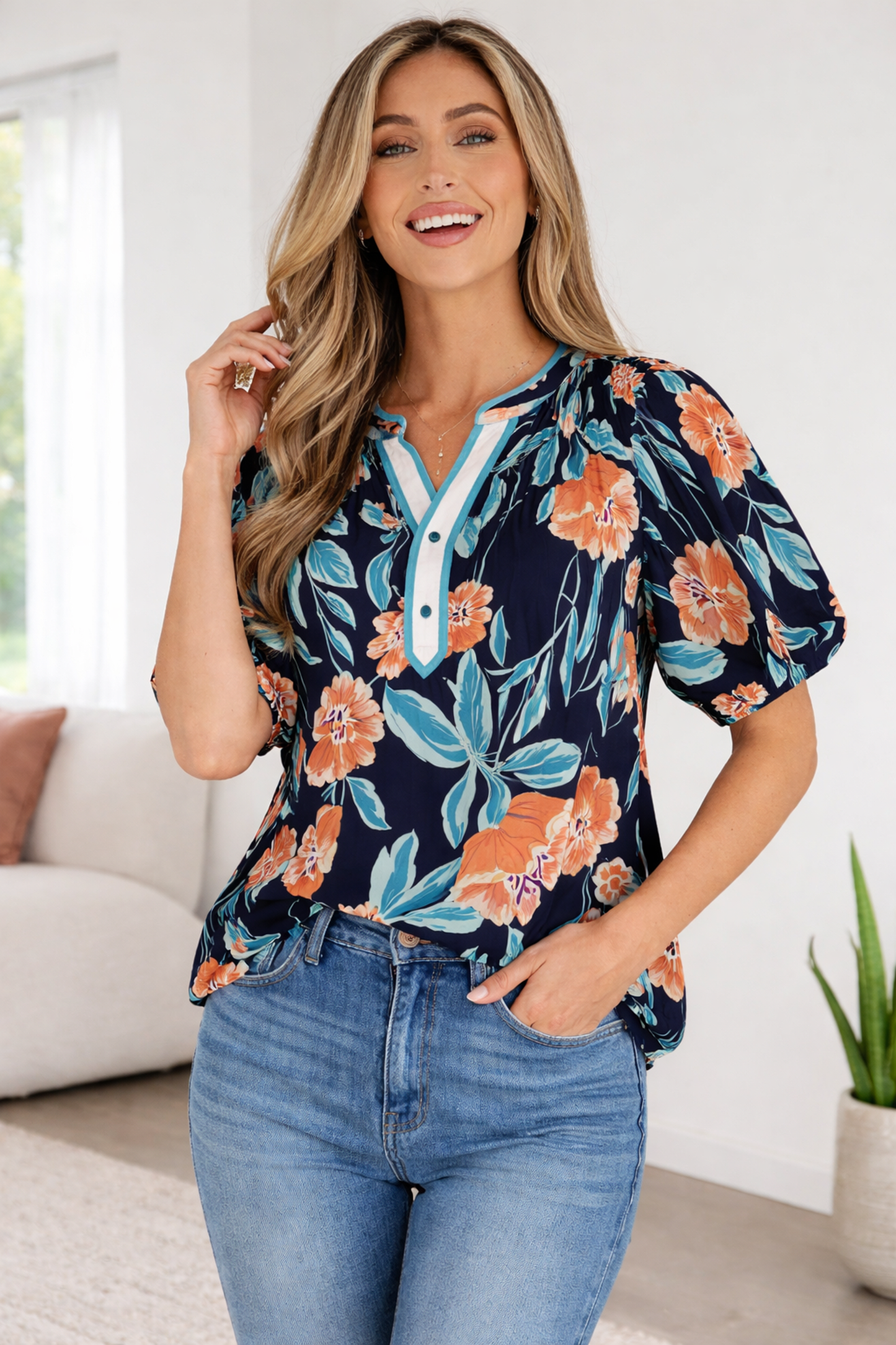 Ila Bubble Sleeve Notched Blouse - Black / L - 12/14