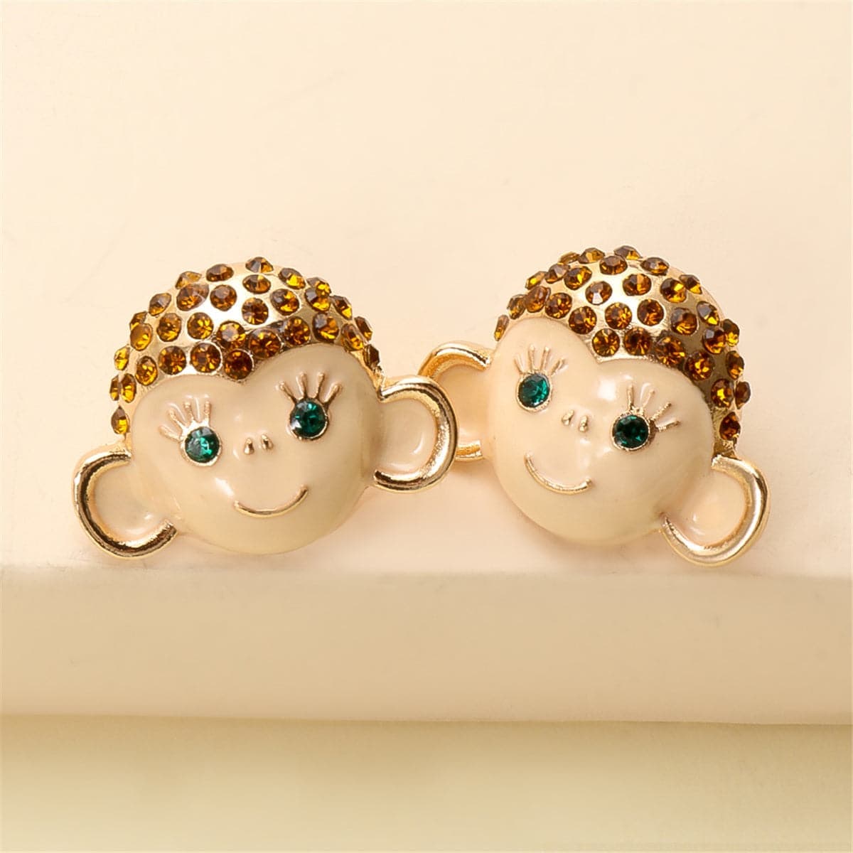 Cubic Zirconia & Enamel Goldtone Monkey Stud Earrings