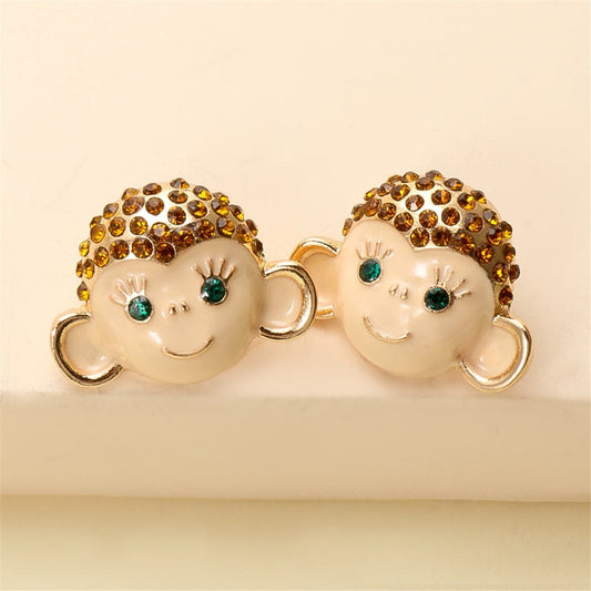 Cubic Zirconia & Enamel Goldtone Monkey Stud Earrings