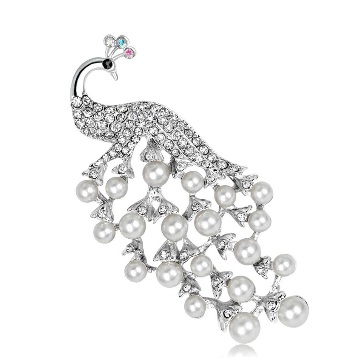 Pearl & Cubic Zirconia Silvertone Peacock Pavé-Set Brooch