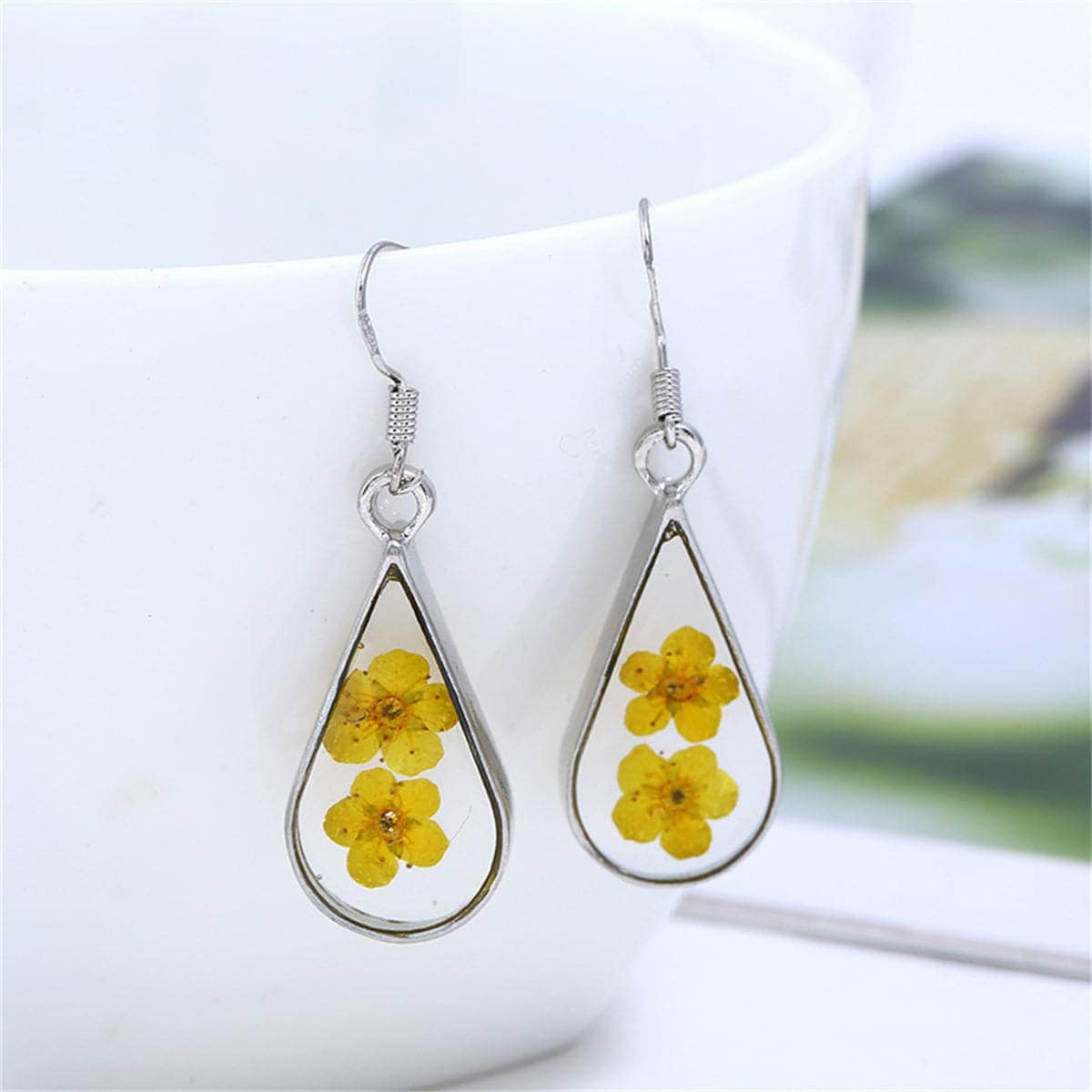 Double Yellow Pressed Peach Flower & Silvertone Drop Earrings