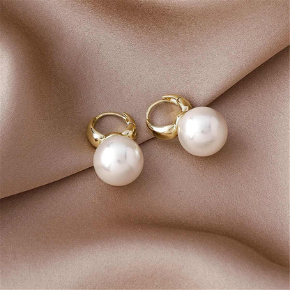 White Pearl & Goldtone Huggie Earrings