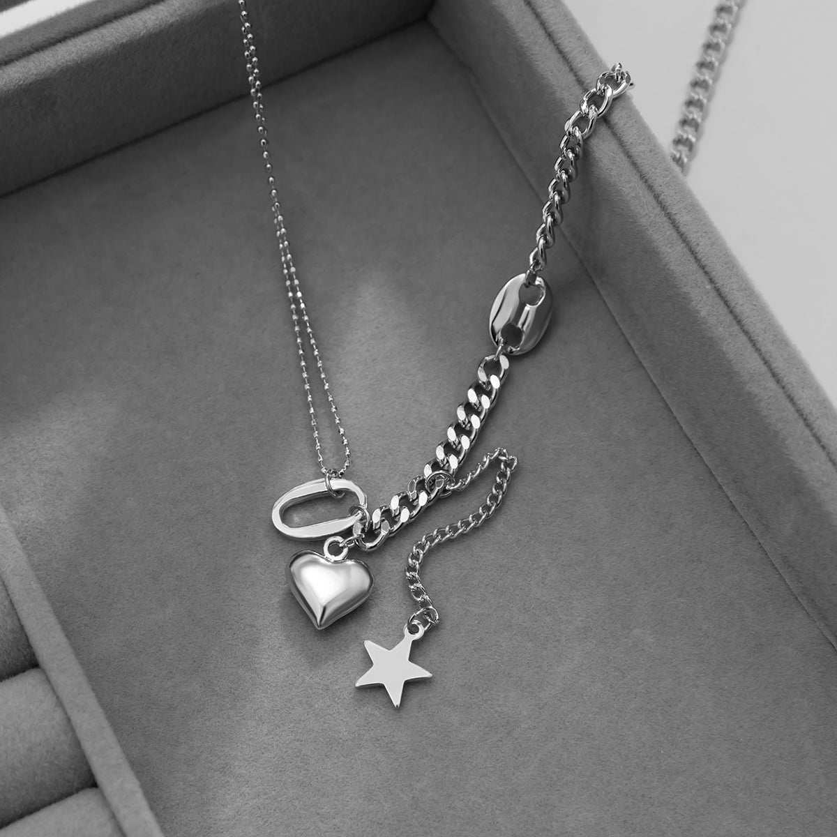 Silvertone Heart & Star Pendant Necklace