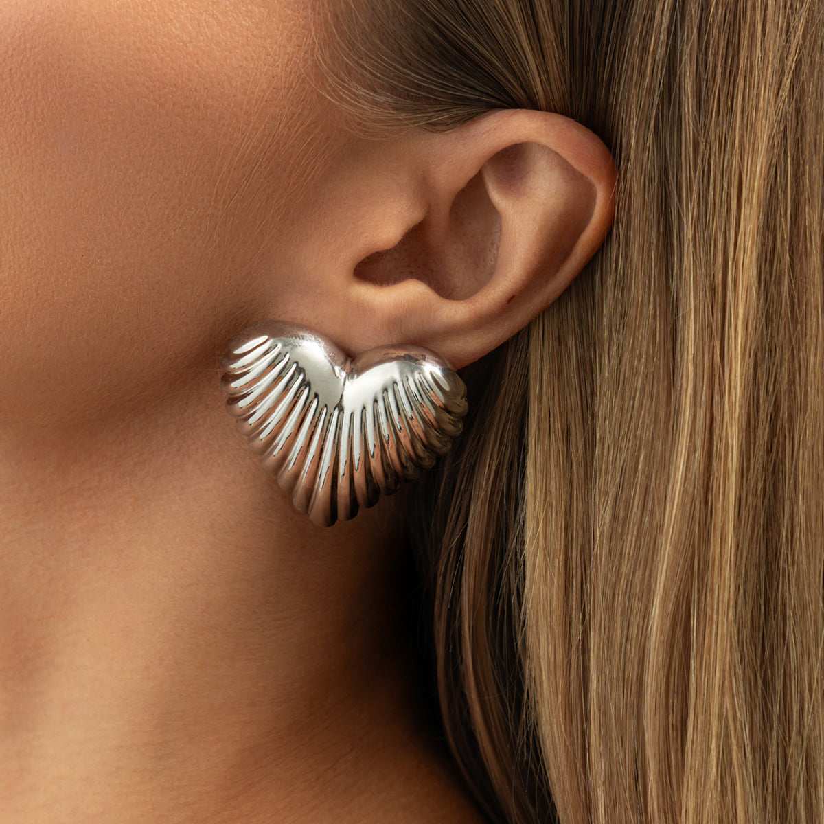 Silvertone Textured Heart Stud Earrings