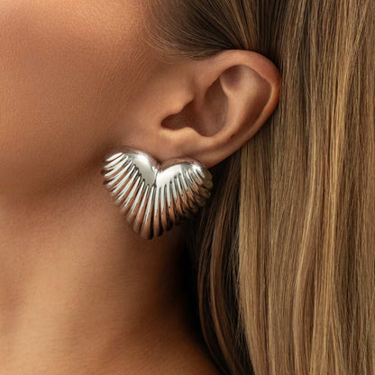 Silvertone Textured Heart Stud Earrings