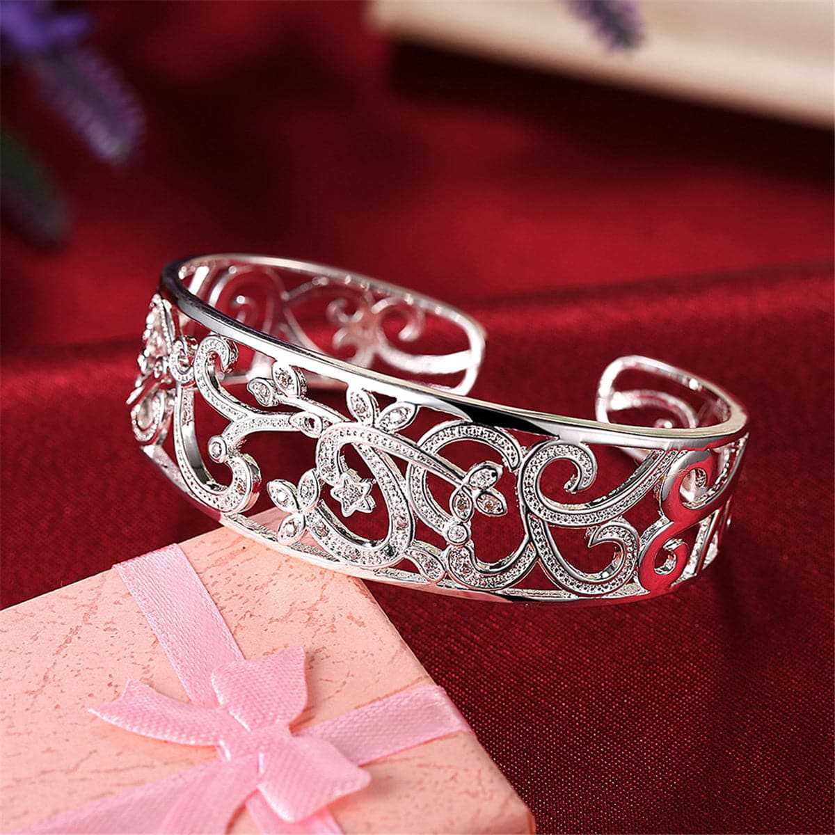 Cubic Zirconia & Silvertone Filigree Cuff