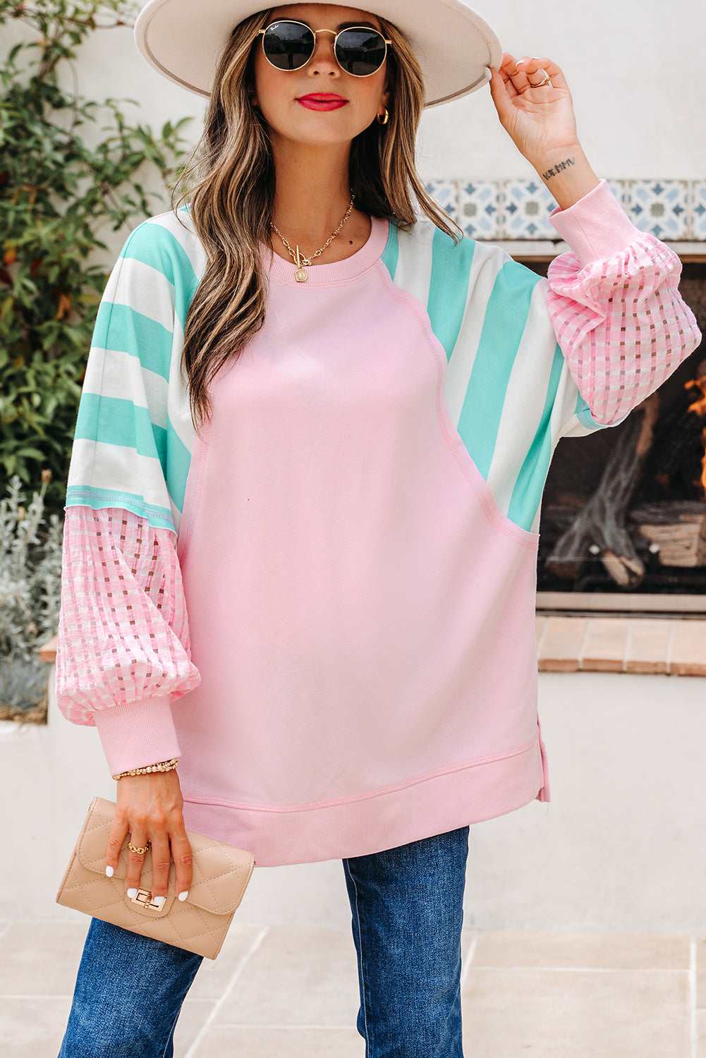 Vanessa Patchwork Raglan Pullover Top - Bonbon / L - 12/14