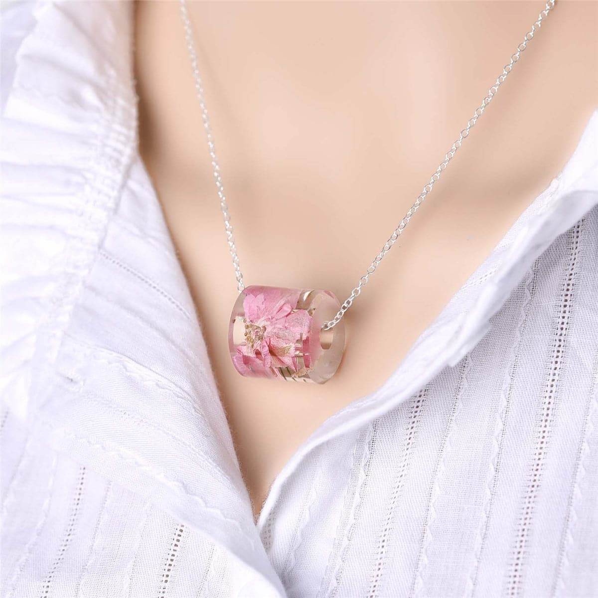 Rose Pink Dried Flower & Silvertone Cylinder Pendant Necklace
