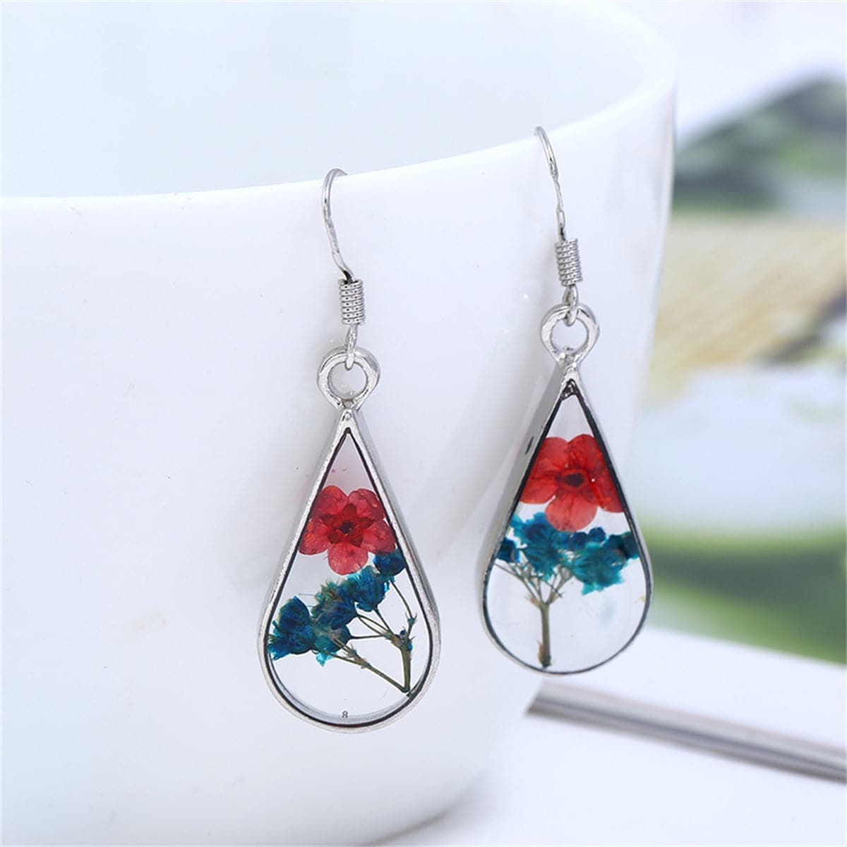 Red & Purple Peach Pressed Flower Silvertone Drop Earrings