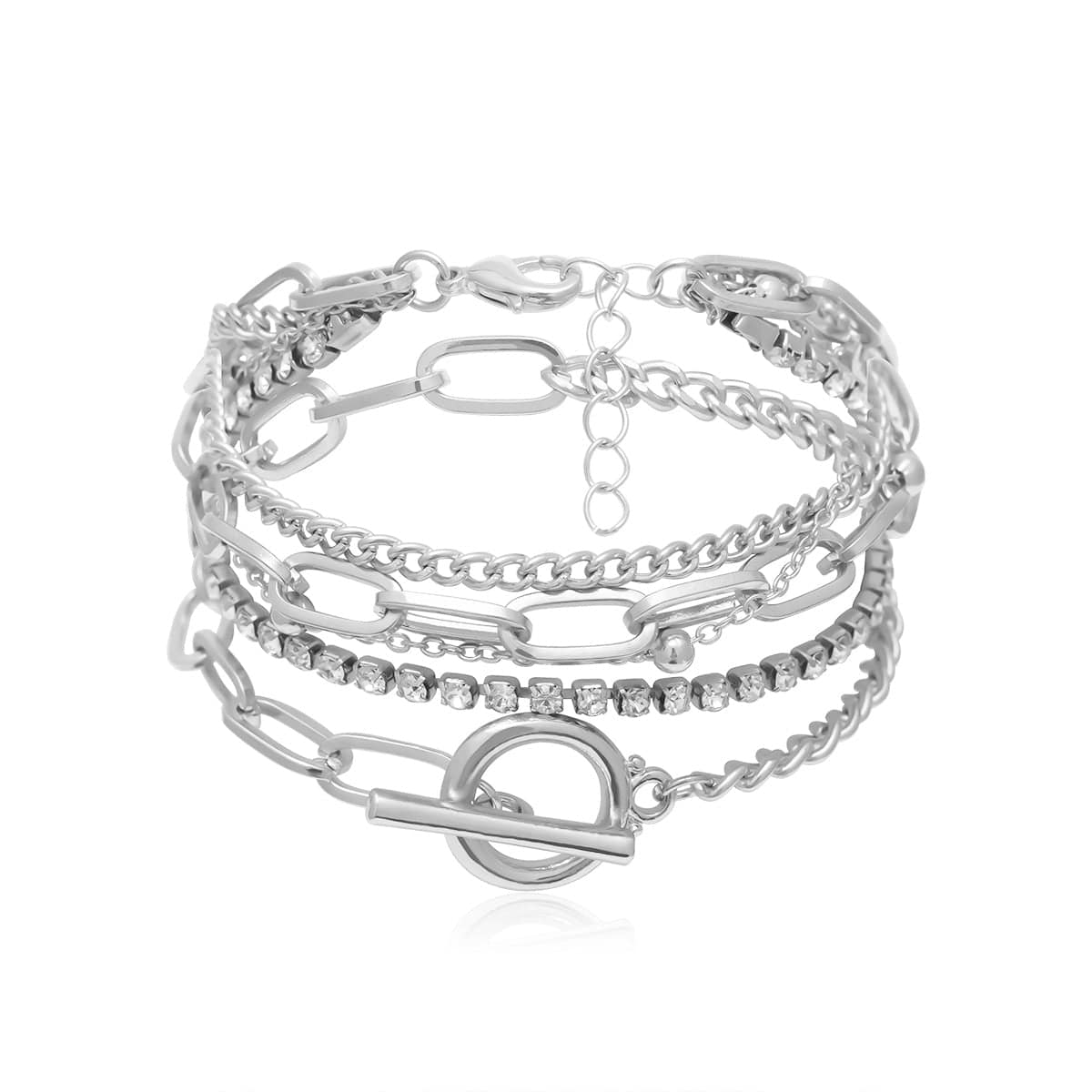 Cubic Zirconia & Silvertone Curb Chain Bracelet Set