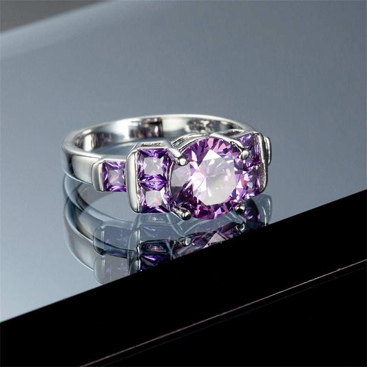 Purple Crystal & Silvertone Round-Cut Ring