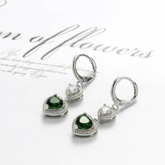 Green Crystal & Silvertone Heart Drop Earrings