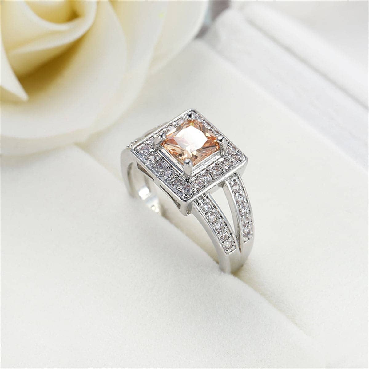 Champagne Crystal & Silvertone Square Hola Ring