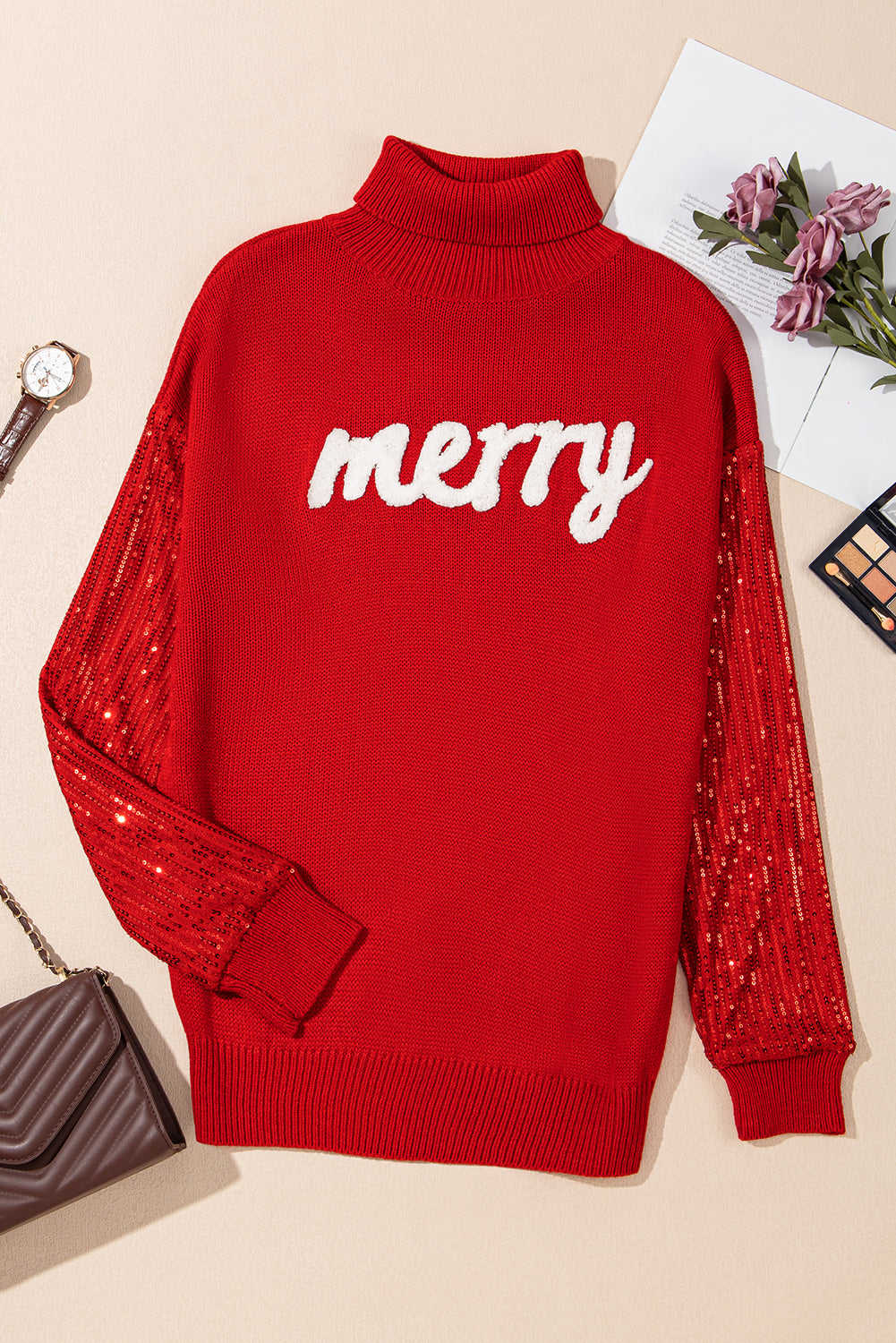 Isabella Sleeves Christmas Turtleneck Sweater - Racing Red / 2XL - 20/22