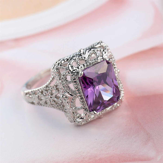 Purple Crystal & Silvertone Radiant-Cut Ring