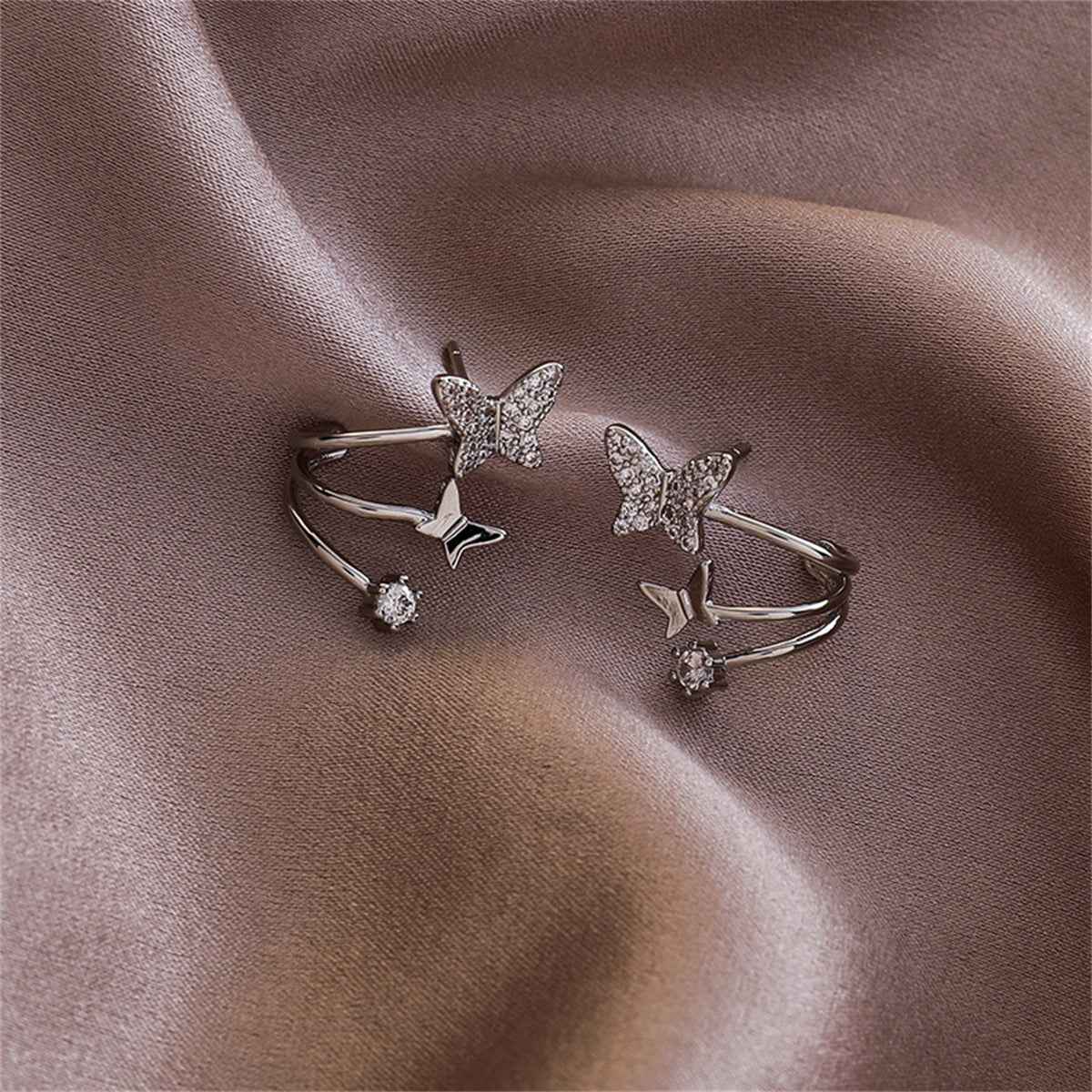Cubic Zirconia & Silvertone Butterfly Stud Earrings