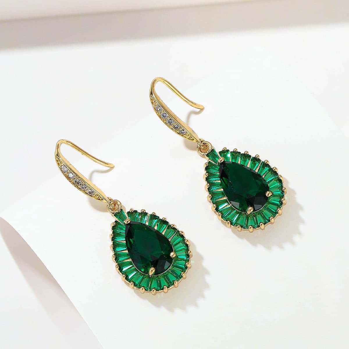Green Crystal & Cubic Zirconia Goldtone Halo Drop Hook Earrings