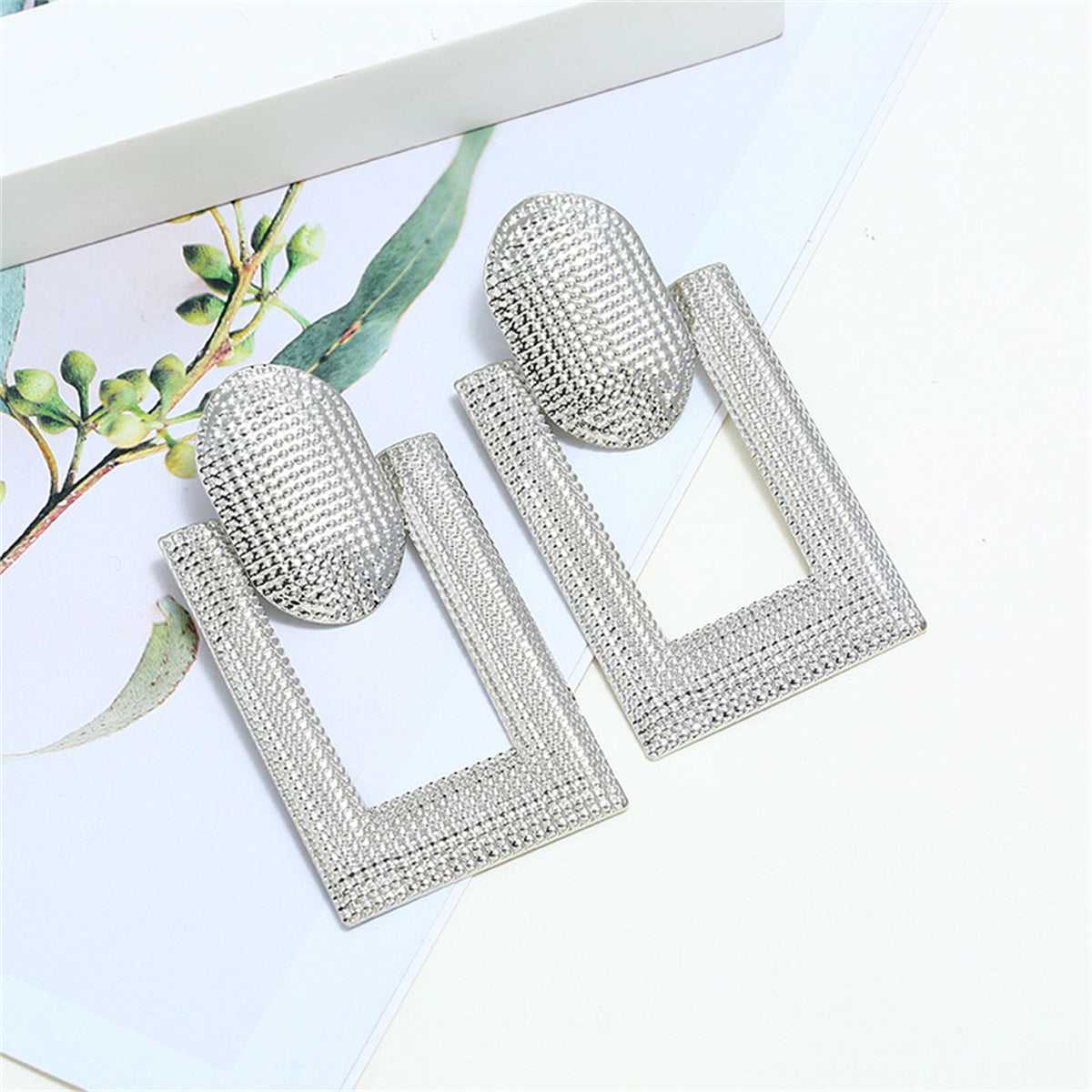 Silvertone Studded Open Rectangle Drop Earrings