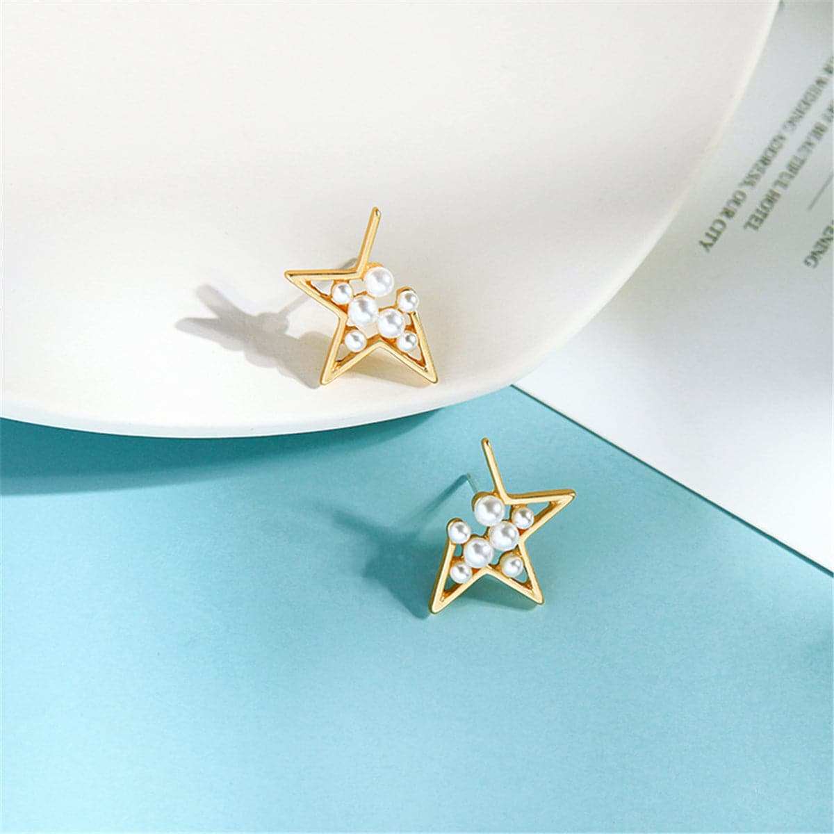 Pearl & Goldtone Star Filigree Stud Earrings