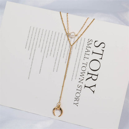 Pearl & Goldtone Moon Drop Layered Necklace