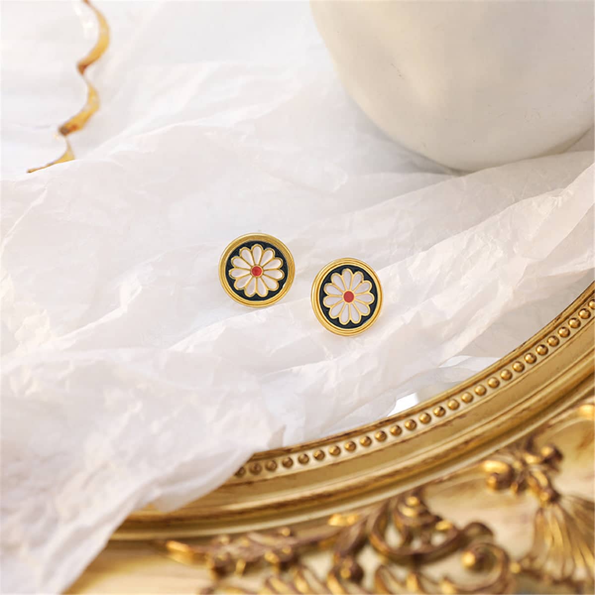 Black Enamel & Goldtone Mum Round Stud Earrings