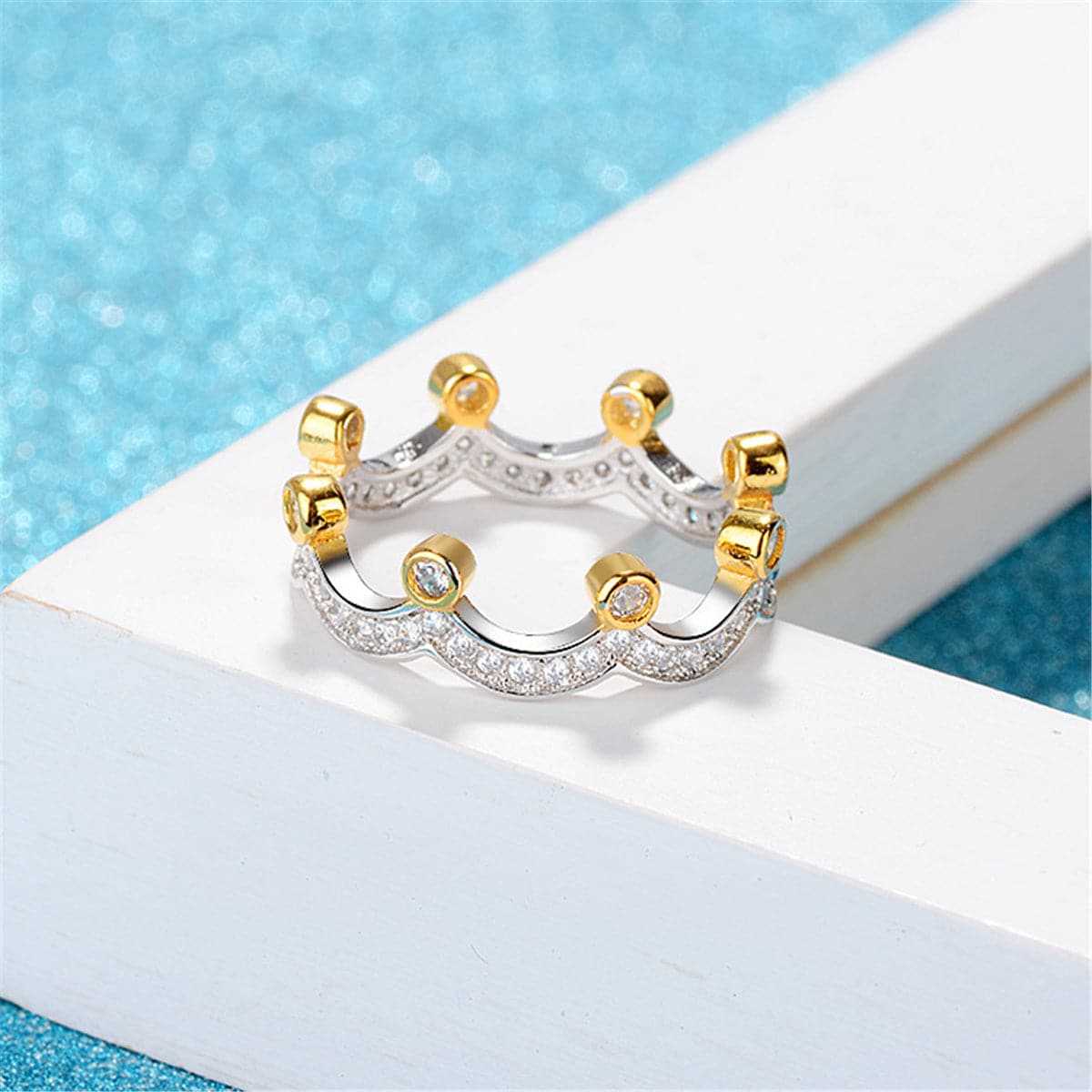 Cubic Zirconia & Two-Tone Crown Band Ring-8