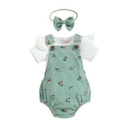 Girls' Floral Corduroy Suspender Pants Set with Headband