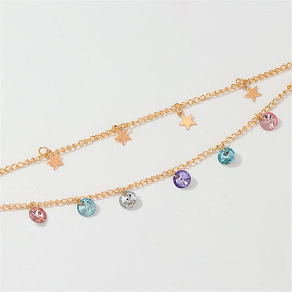 Colored Crystal & Goldtone Star Layered Station Anklet