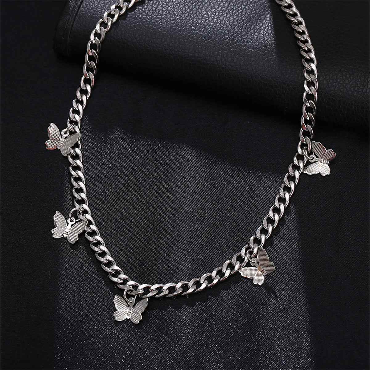 Silvertone Curb Chain Butterfly Station Choker Necklace