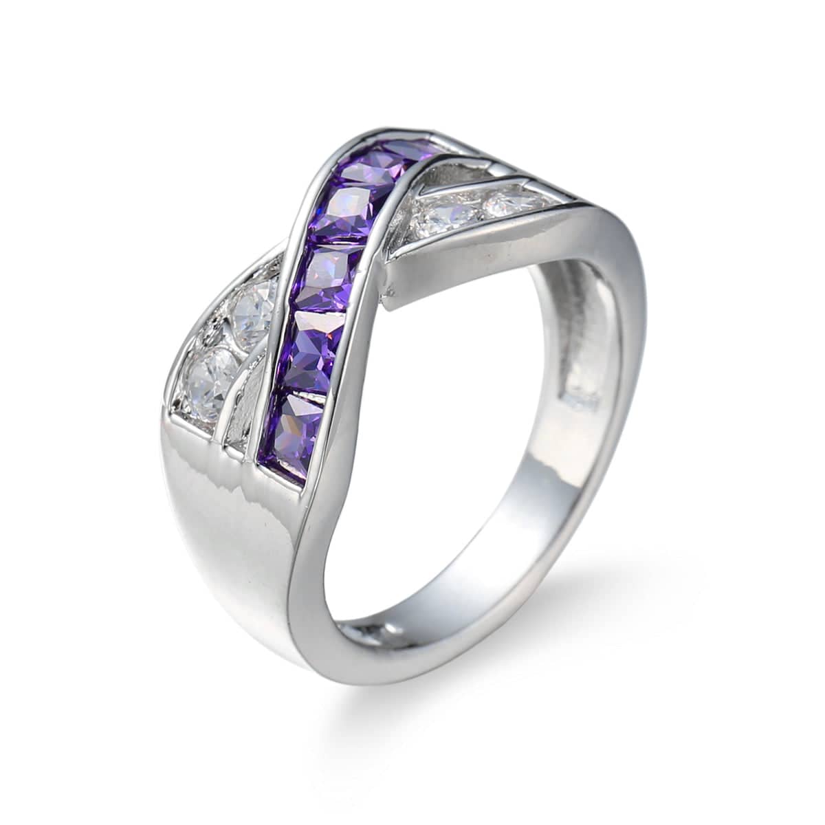 Purple Crystal & Cubic Zirconia Princess-Cut Crisscross Ring-1