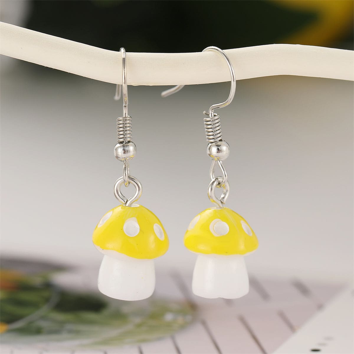 Yellow Resin & Silvertone Dot Mushroom Drop Earrings