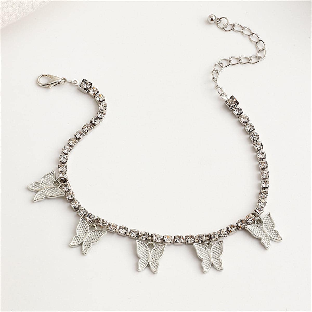 Cubic Zirconia & Silvertone Butterfly Station Anklet