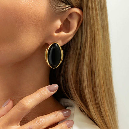 Black Resin & Goldtone Oval Stud Earrings