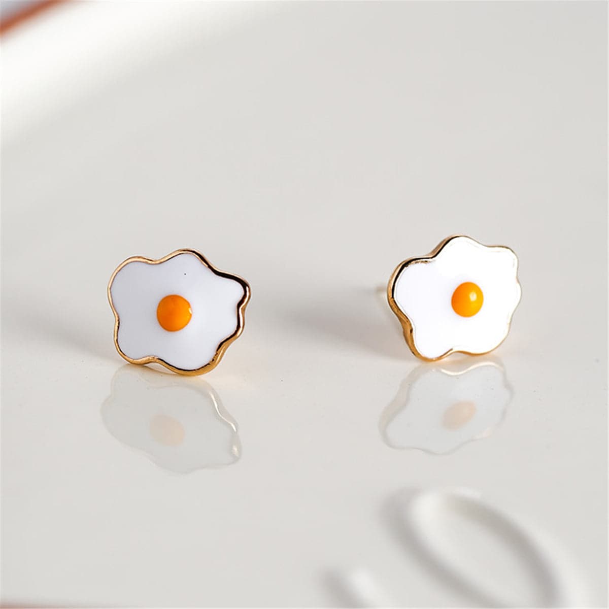White Enamel & Goldtone Poached Eggs Stud Earrings