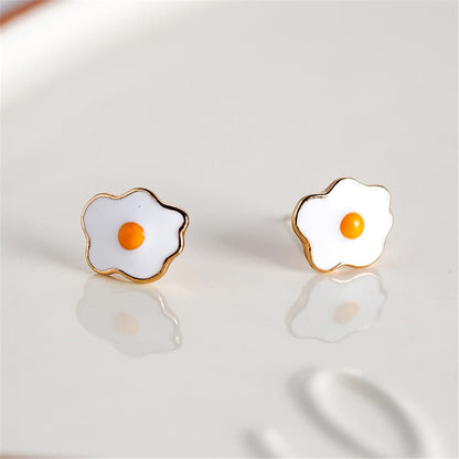 White Enamel & Goldtone Poached Eggs Stud Earrings