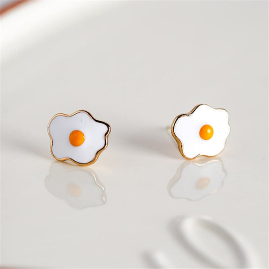 White Enamel & Goldtone Poached Eggs Stud Earrings