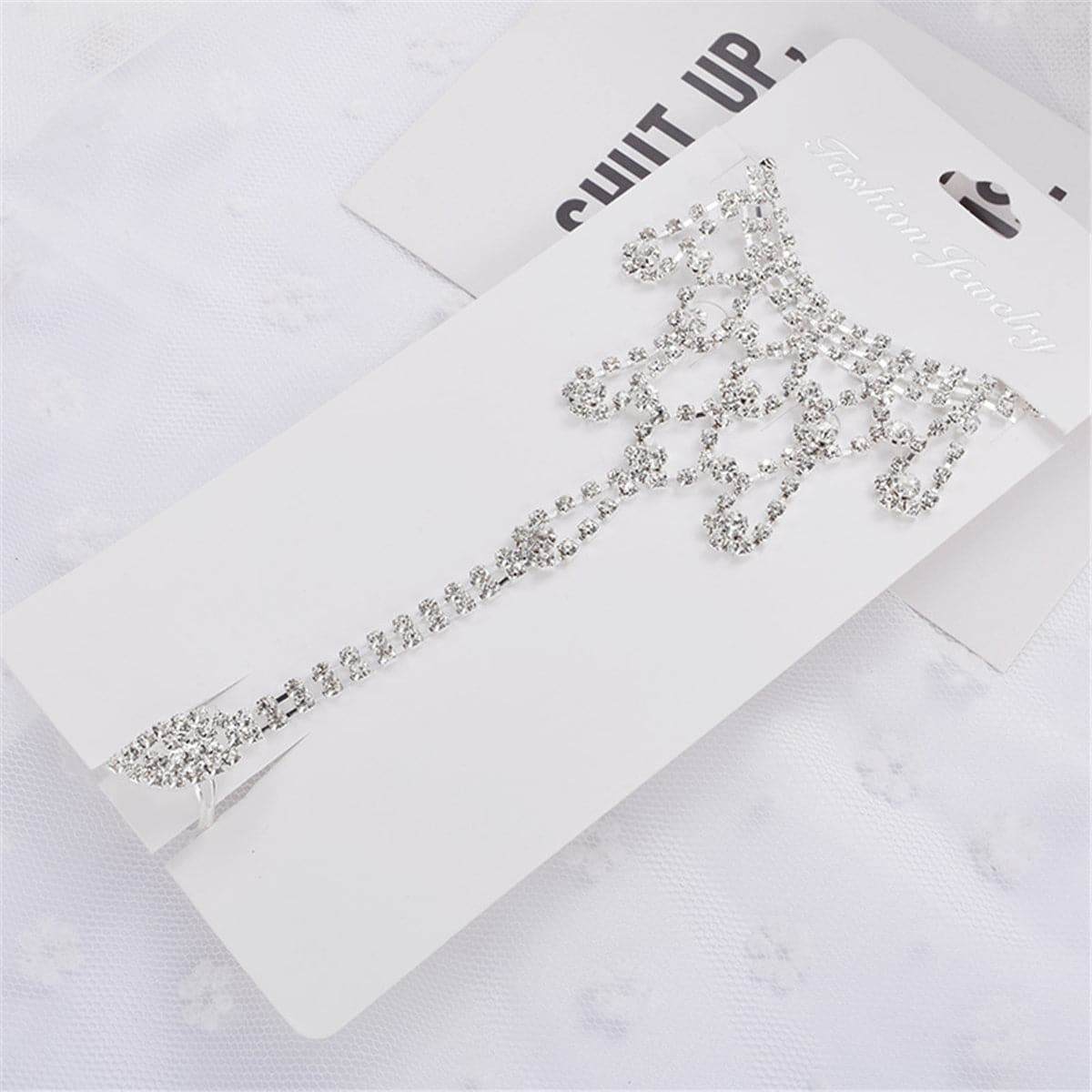 Cubic Zirconia & Silver Plated Ornate Ankle-To-Toe Ring Anklet